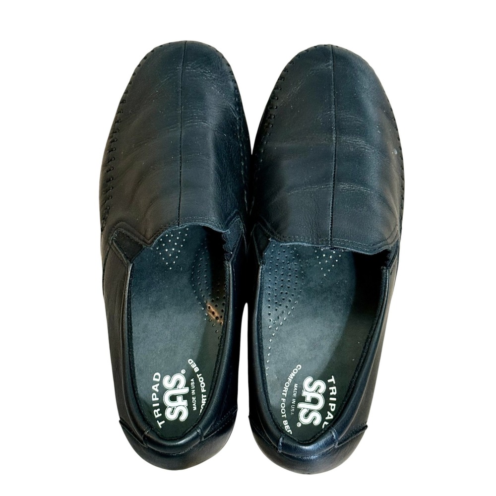 SAS Dream Tripad Comfort Black Leather Slip On Loafers Womens Low Wedge‎ Sz-8WW